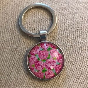 NWT Pink + Green Roses Silver Keychain HPFI Lilly Print